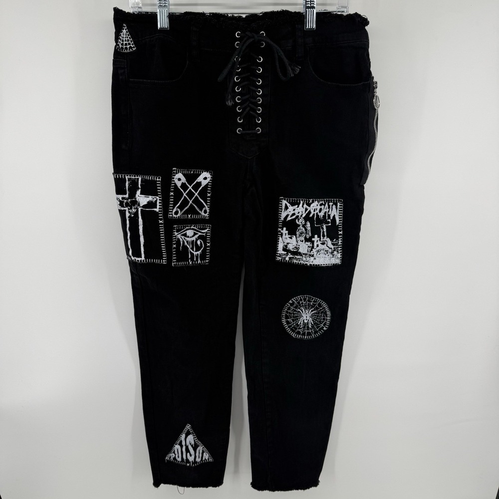 Current Mood Dolls Kills Patches‎ & Lace Up Goth Punk Jeans Size XL Goth Girl